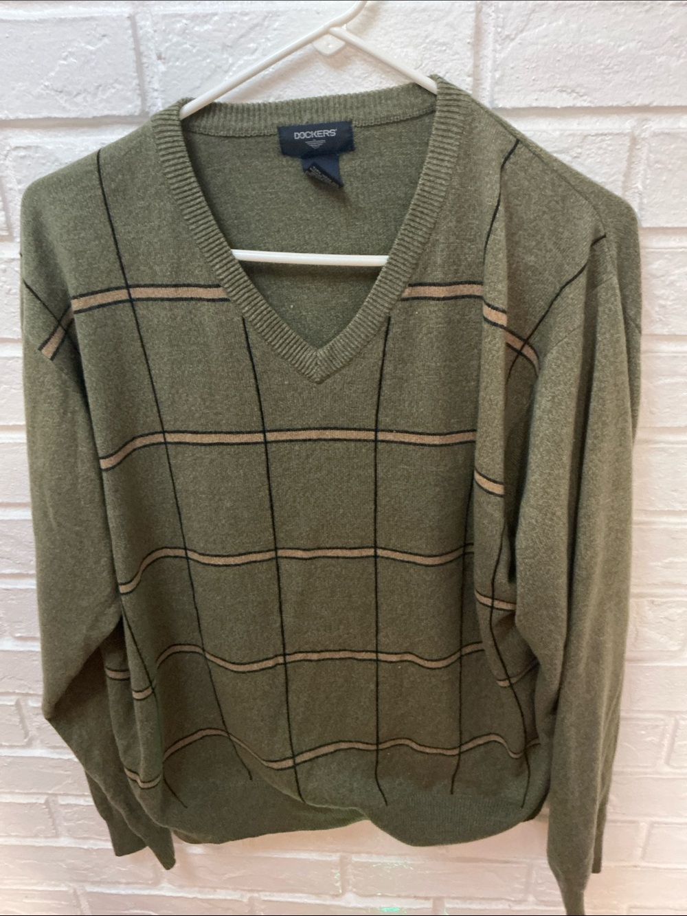 Dockers V-Neck Olive Green Sweater W/Dark Grid Pattern  Preppy/Office XL/TG